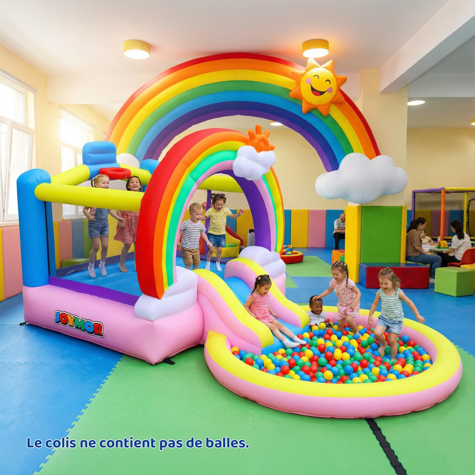 Bonnlo Tobogán Hinchable Infantil con Piscina, 370x192x192 cm, Cama Elástica y Diseño Arcoíris Nubes, Parque Inflable para Jardín Exterior e Inretior, Oxford 420D+840D