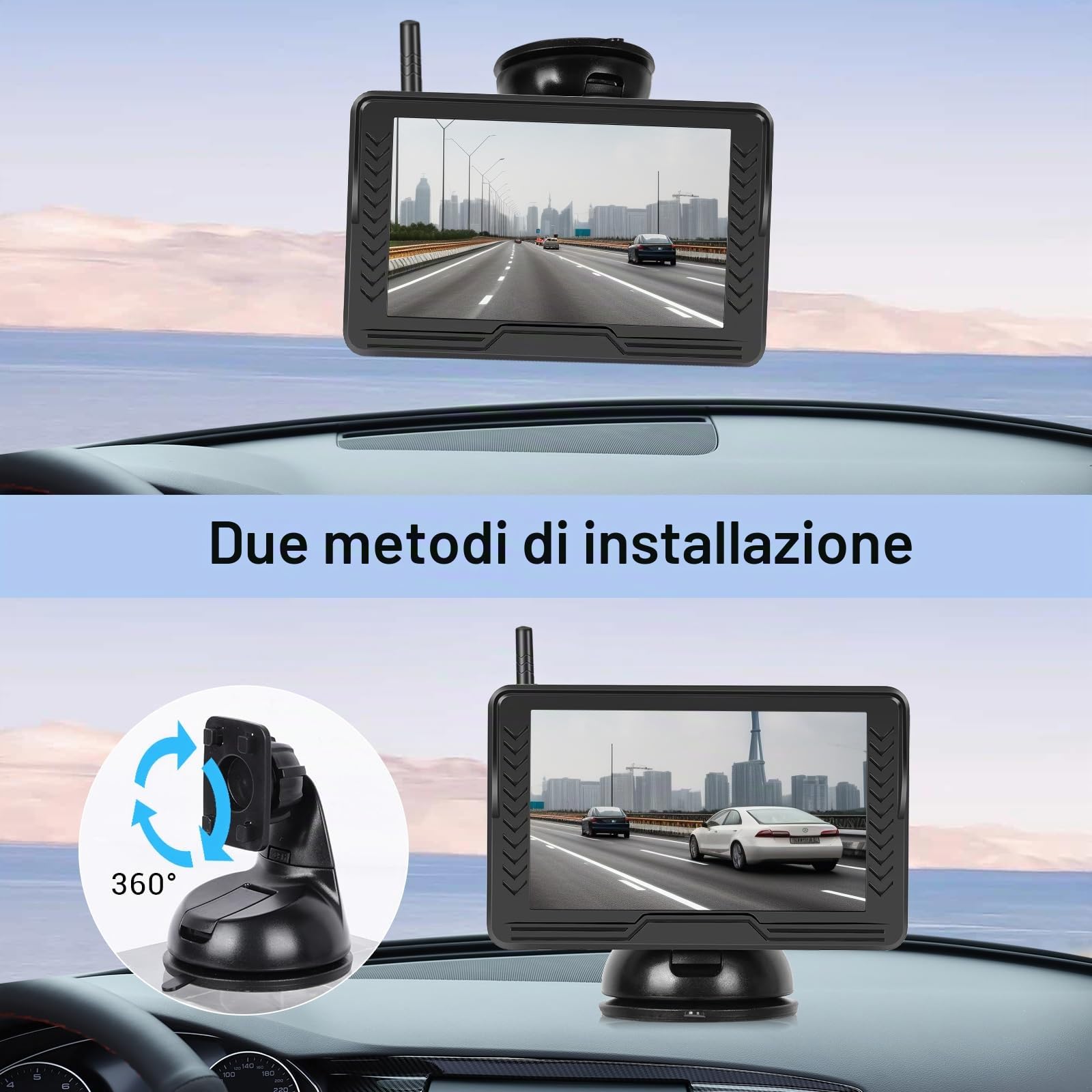 VECHTEL Telecamera Retromarcia Senza Fili 1080P, kit monitor con schermo IPS da 4.3 pollici, Facile da Installare, Linee Guida DIY, Visione Notturna, Impermeabile IP68