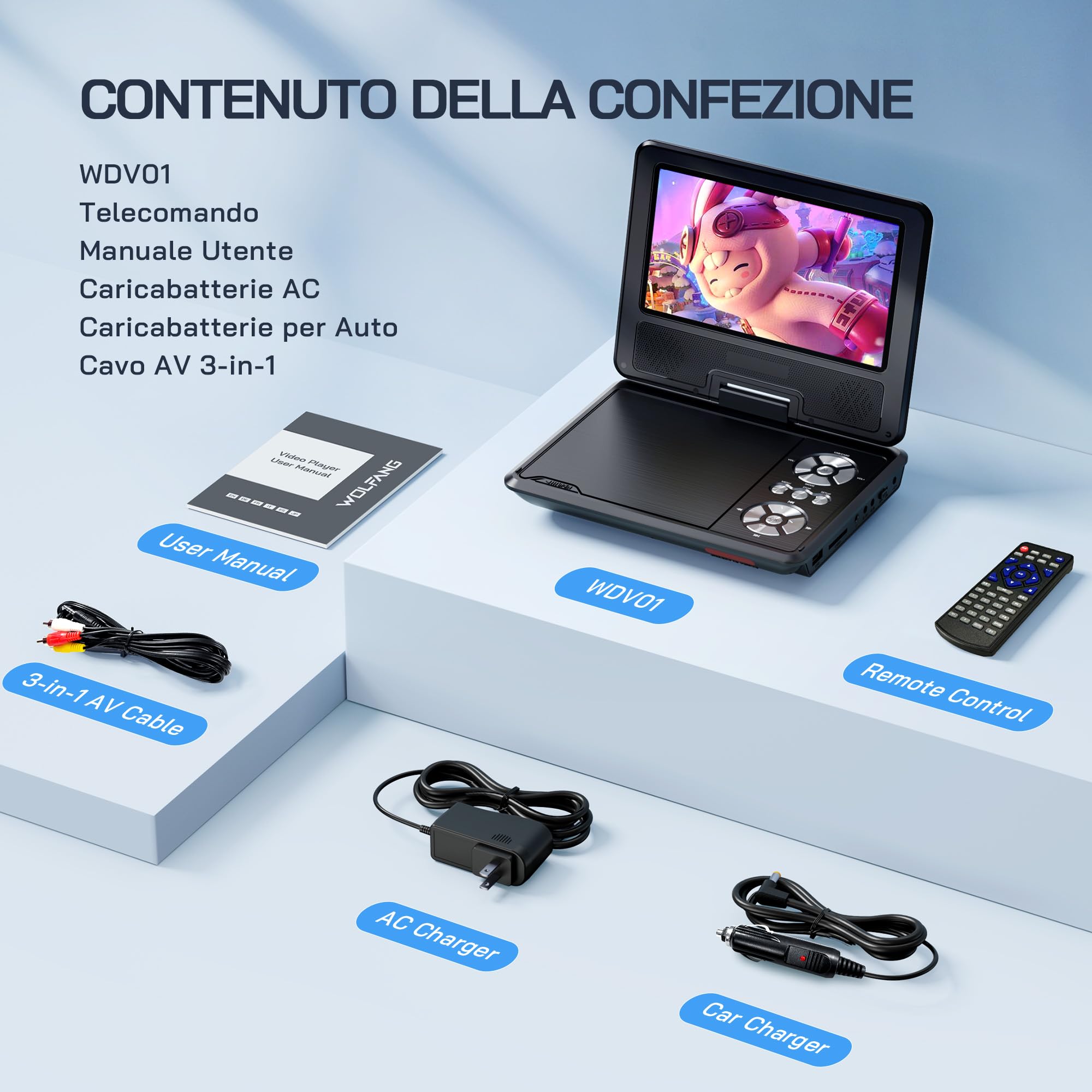 WOLFANG Lettore DVD portatile 9,5" schermo girevole HD 7,5" altoparlanti stereo batteria 6 ore Sync-TV USB SD