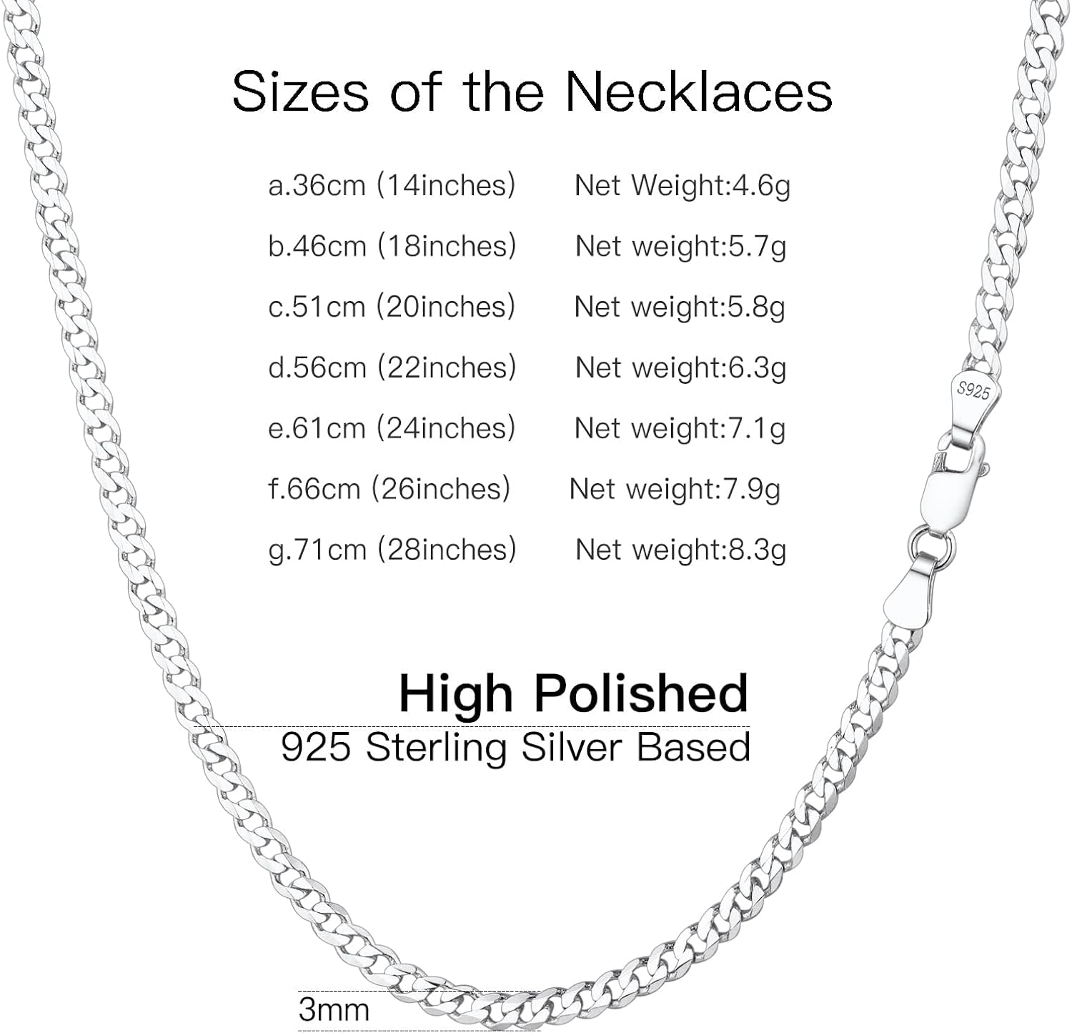 Solid 925 Sterlings Silver 3mm 5mm Flat Curb Cuban Link Chain/Figaro Chain Necklace, Hip Hop Jewelry for Men Women 14"/18"/20"/22"/24"/26"/28"