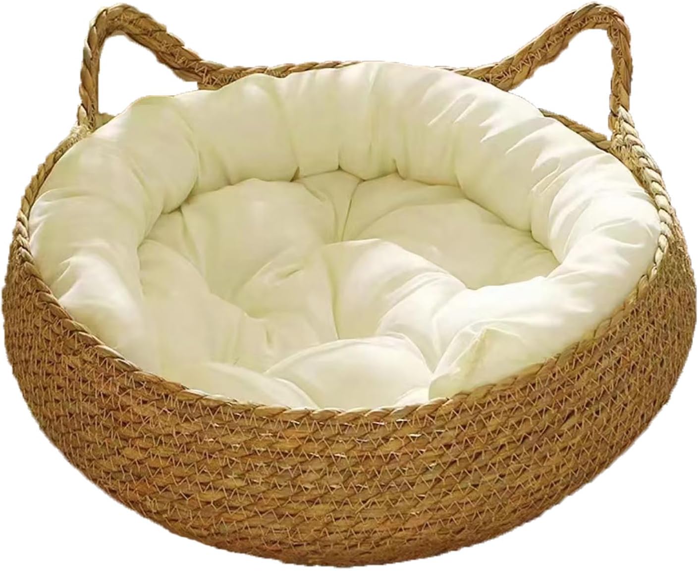 Handmade Grass Woven Bed for Cat/Dog/Pet | Cat Ear Socket Shape | Cotton Pad | Circumferential Pillow | (M, White)