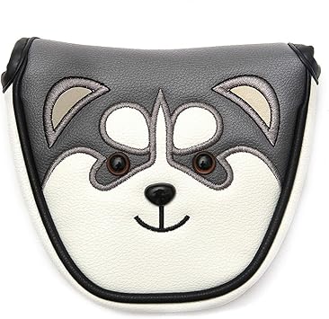 ゴルフパターカバー 半円/ストレート形パターカバー 可愛い ハスキー柄 ゴルフヘッドカバー 磁石タイプ 開閉 防水 高級PUレザー  刺繍入りゴルフ保護スリーブ 磁気バックル プッシャーカバー ゴルフアクセサリー オデッセイに対応 マレットタイプ対応 14x11cm