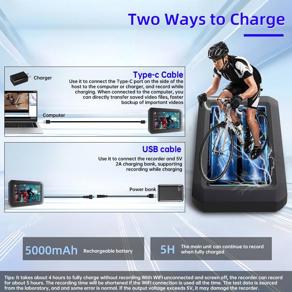 VSYSTO Fahrrad Kamera, WiFi GPS 4 Zoll Bildschirm 1080P Selfie und Hinterkamera Fahrrad Spiegel Dash Kamera, asistierter Fahrmodus, verdrahteter Controller, Temperatur und Kalorienanzeige (F3)