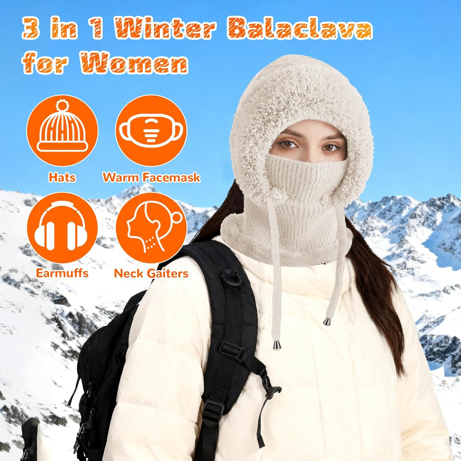 3 in 1 Beanie Hat with Scarf and Mask, Knit Beanie Hat Fleece Lined Winter Scarf Mask Set, Snow Caps Plush Earmuff Skull Hats - Image 2
