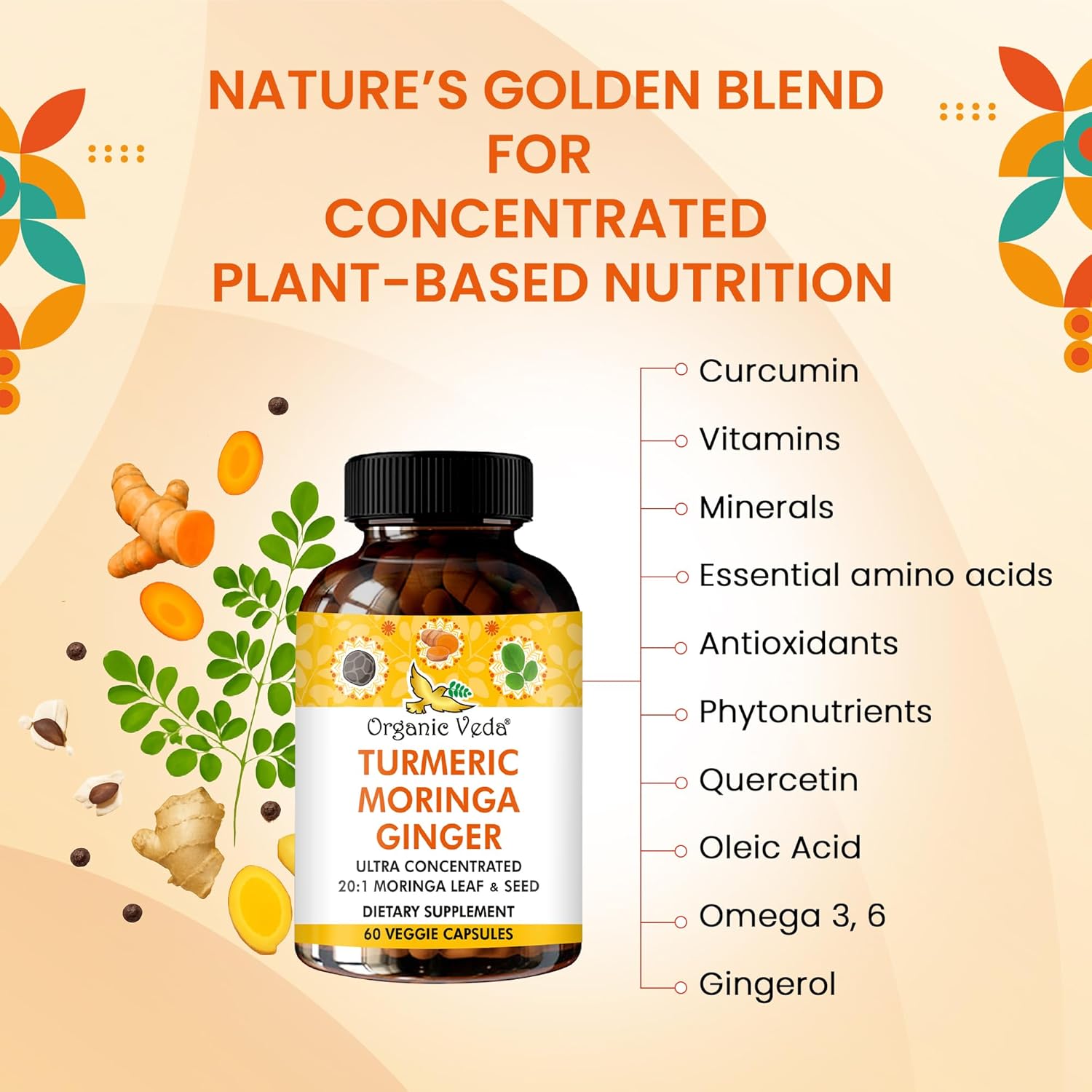 Organic Veda Turmeric Moringa Ginger Capsules - Super Antioxidants & Curcumin Supplement with 20:1 Moringa Leaf & Seed Extract, Black Pepper - Energy, Joints, Heart Health Support - 60 Vegan Pills