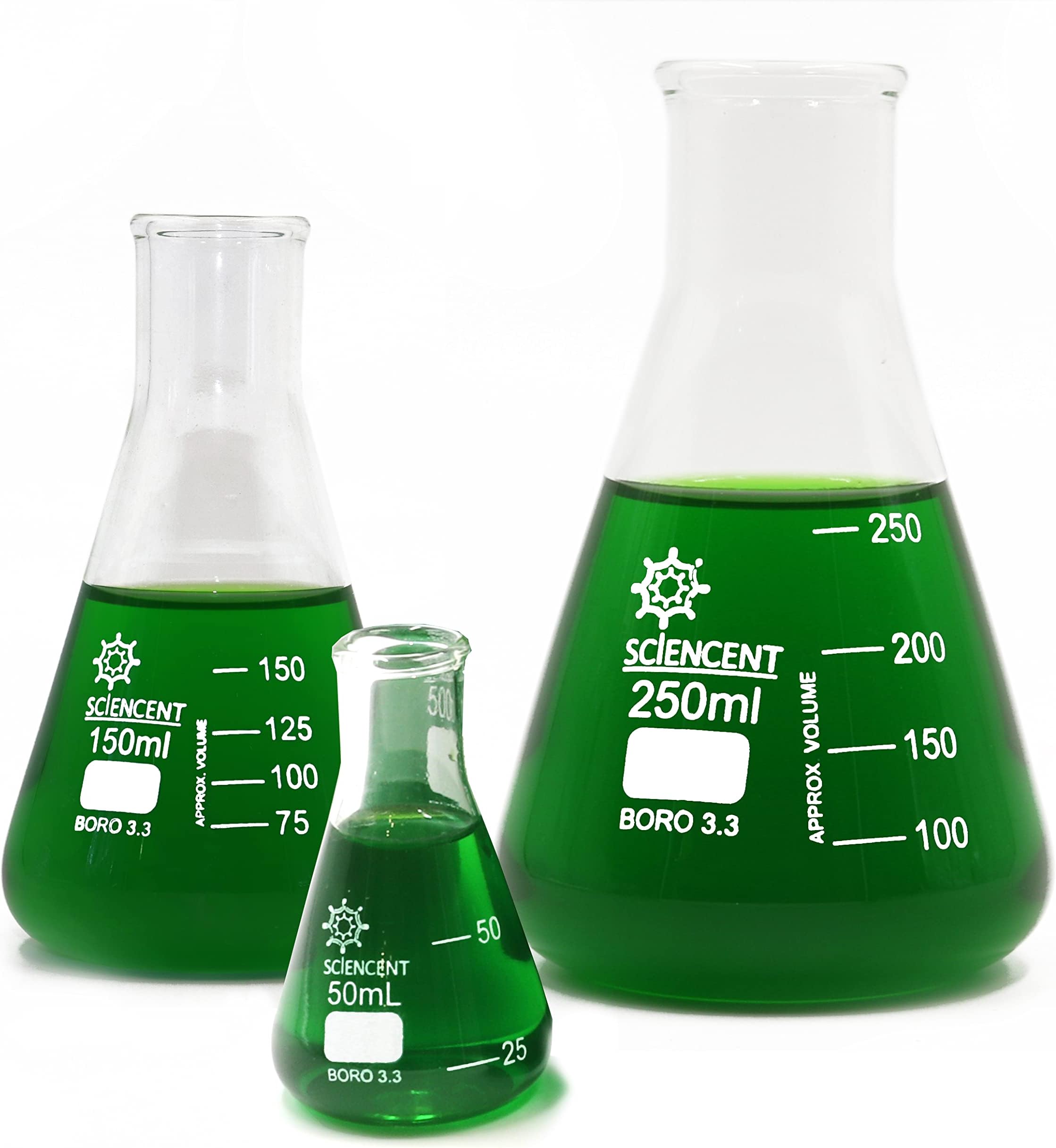 (Pk/3) Borosilicate Low Form Glass Erlenmeyer Flasks, 50/150/250