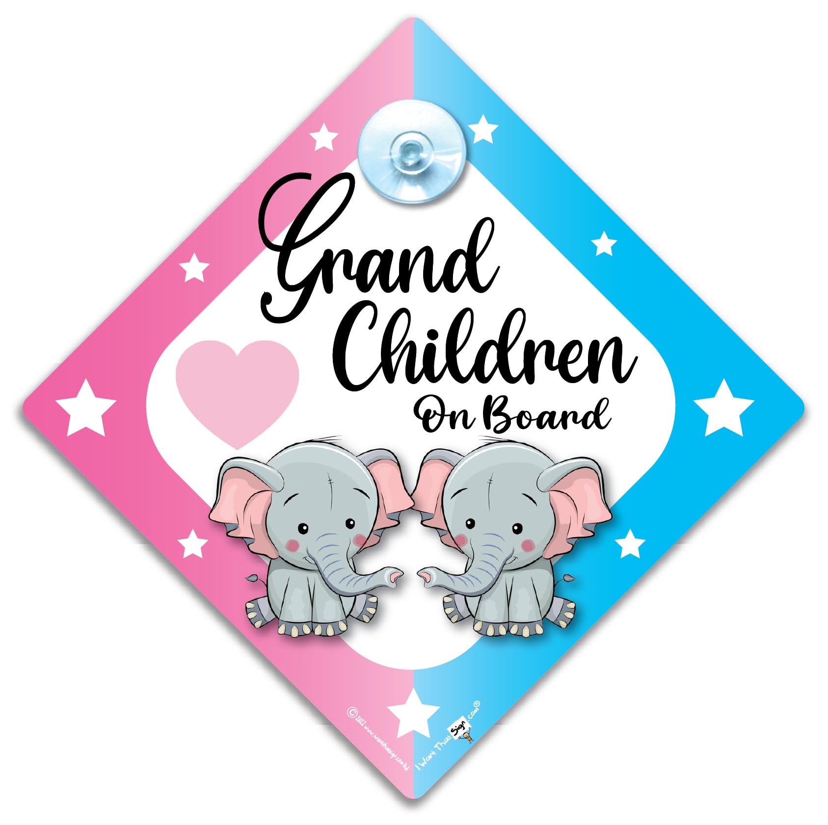 Grandchildren On Board Sign, Pink and Blue Elephants, Baby on Board Sign, Baby Car Sign for Grandkids 14cm x 14cm