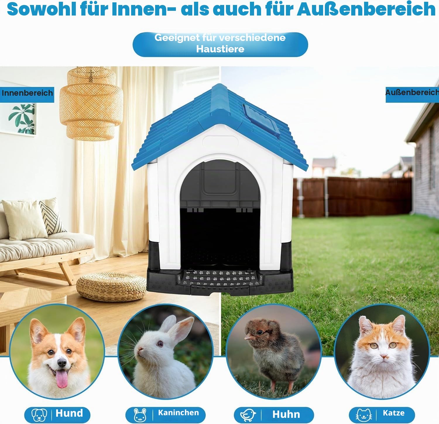 Lanco – Hundehütte für kleine Hunde mit verstellbarem Schiebedach. Innen- und Außenbereich mit Belüftung. Widerstandsfähiges Material. 68x55x66cm. Blau und weiß.
