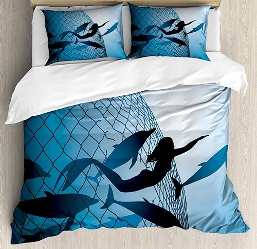 Miniatura 56 de Ambesonne Juego de funda de edredón de pesca, lubina de boca grande atrapando un bocado en espray de agua, imagen salvaje, juego de cama decorativo