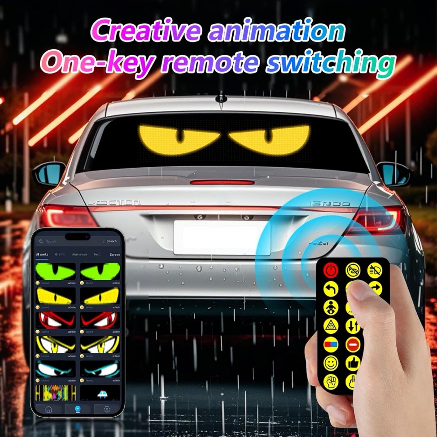 2PCS Programmable LED Devil Eyes Display for Car Windshield, 14.96 x 3.94 Inch 16x64 Pixel RGB LED Panel with App & Remote Control, USB Powered Animated LED Sign for Parked Cars & Events