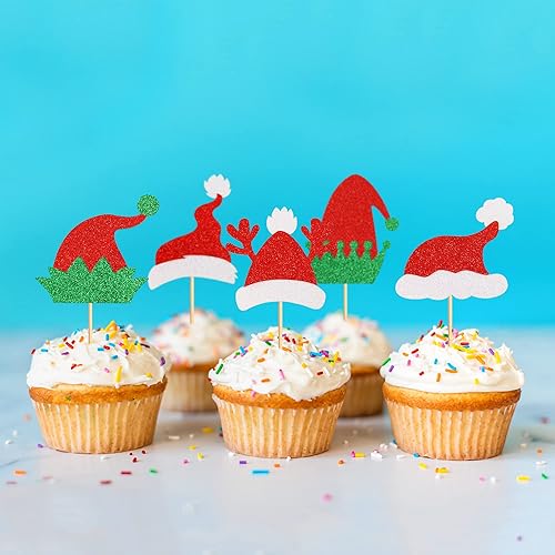 Miniatura 5 de Ercadio Paquete de 25 sombreros de Papá Noel y sombrero de elfo, adornos para cupcakes, sombrero de Papá Noel, adornos para cupcakes, sombreros de