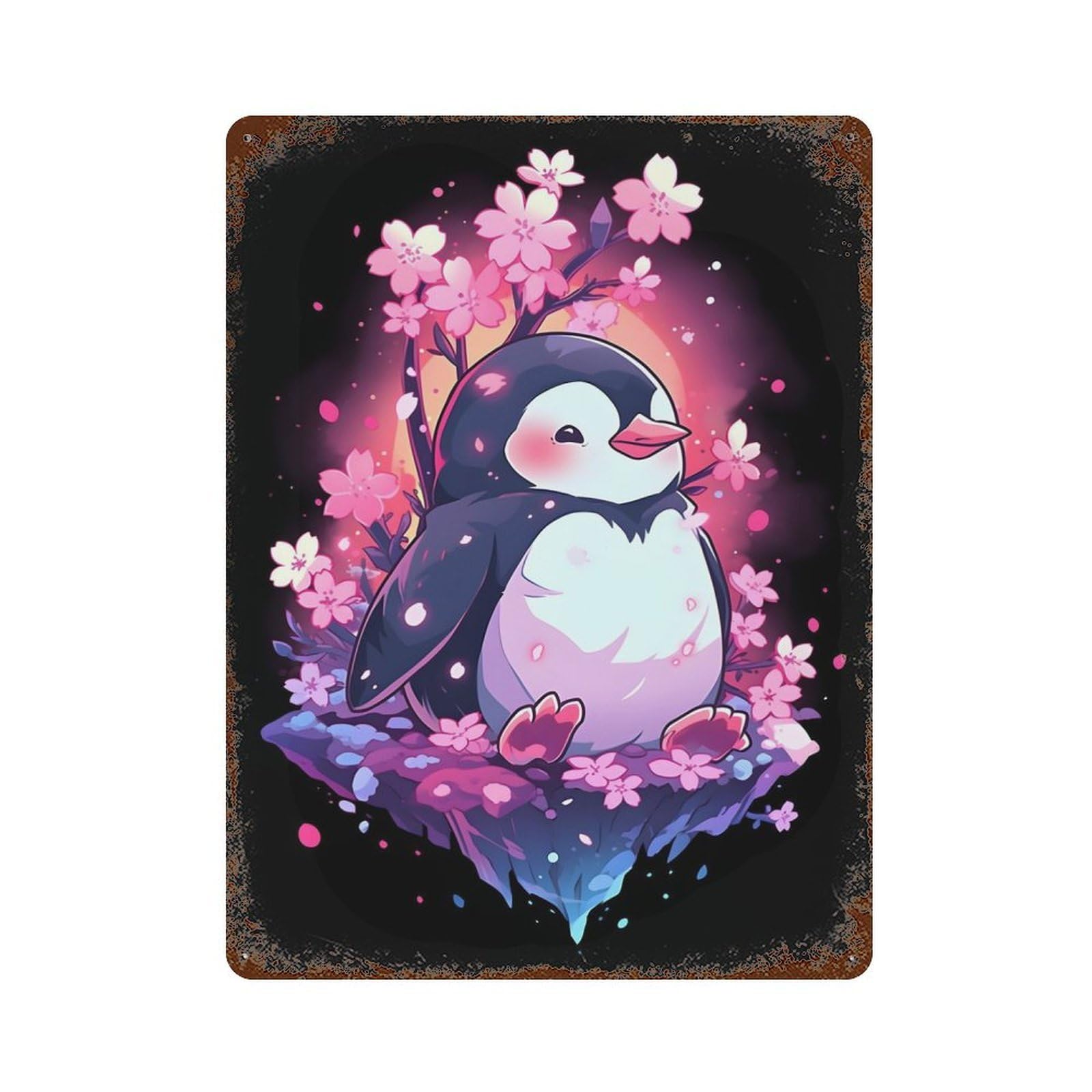 Cherry Blossom Penguin 15.7"x11.8" Rusty Metal Tin Sign, Novelty Wall Decor for Cafe, Home Bar And Lounge Decor