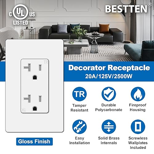 Miniatura 9 de BESTTEN - Enchufe decorativo de pared de 15 amperios, placas de pared sin tornillos incluidas, no resistentes a manipulaciones, 15A125V1875W, para
