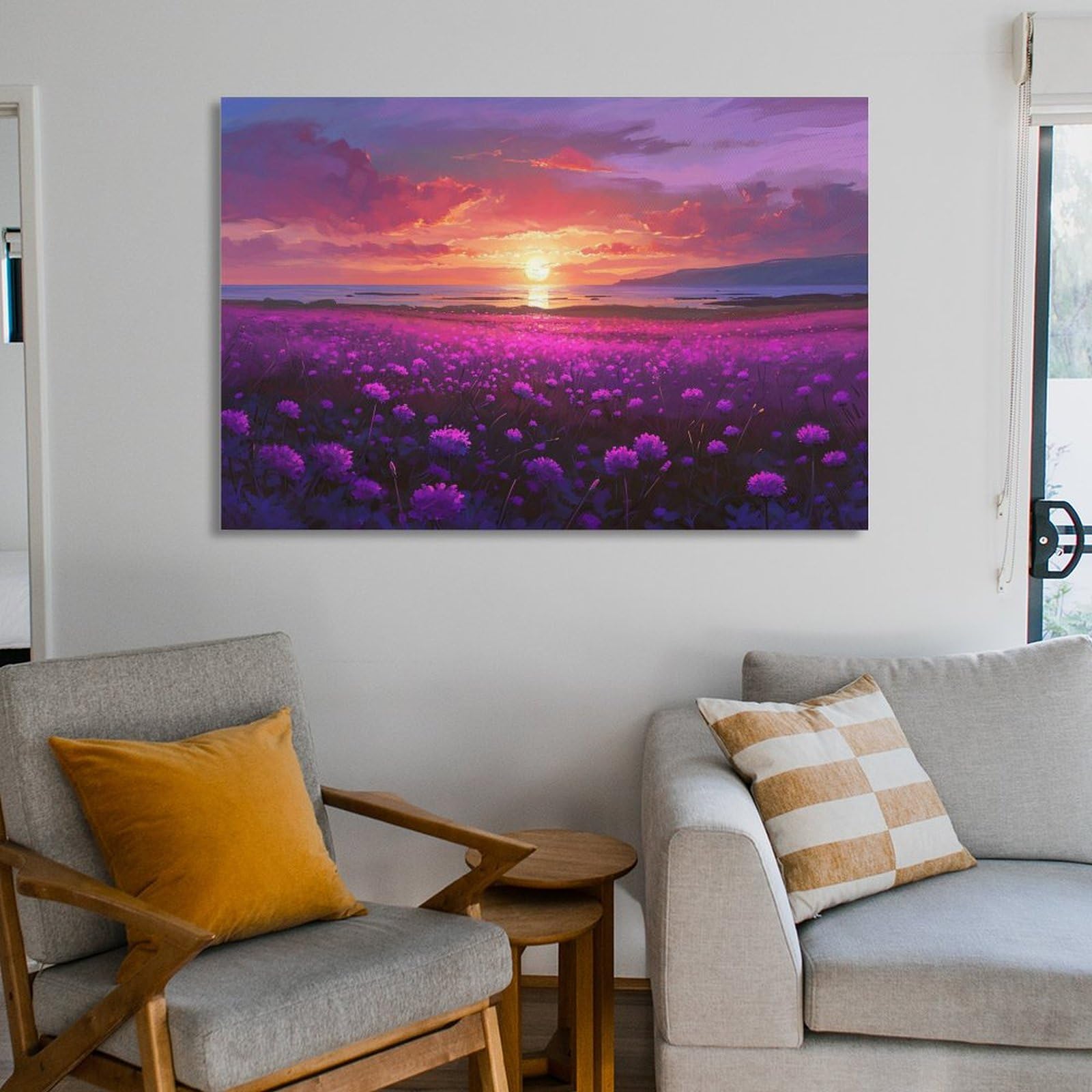 Amazon.co.jp: 絵画 夕暮れ時の紫色の花インテリア 絵画 油絵イラスト