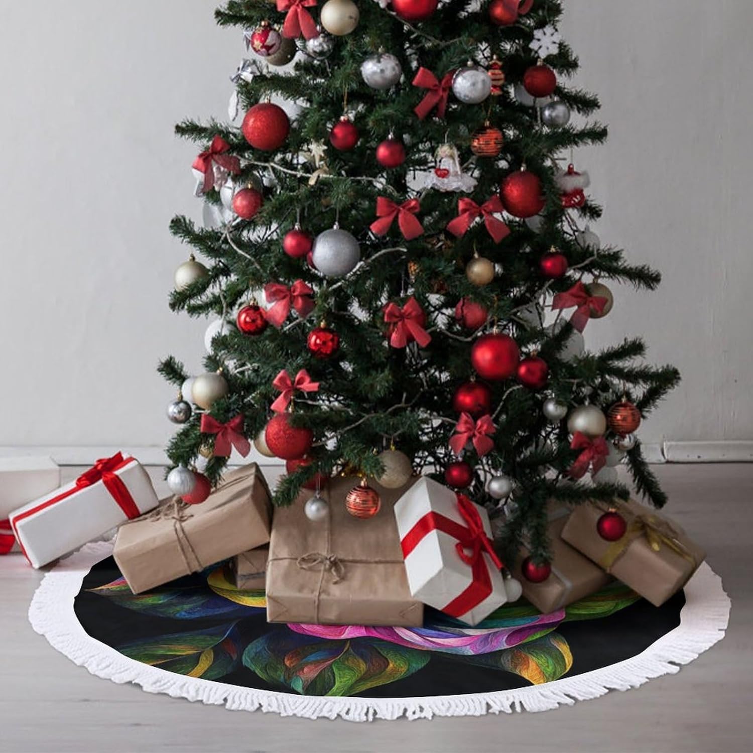 Rose Flower Christmas Tree Skirt Round Xmas Tree Mat Ornaments Tree Skirts with Tassels for Holiday Party