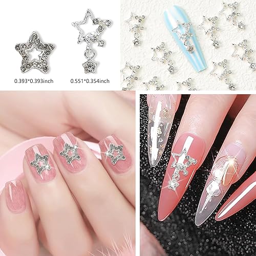 Miniatura 2 de YECIRALA - 30 dijes de uñas de estrella plateada para uñas acrílicas, estrellas huecas 3D, diamantes de imitación de uñas, joyas de pentagrama,
