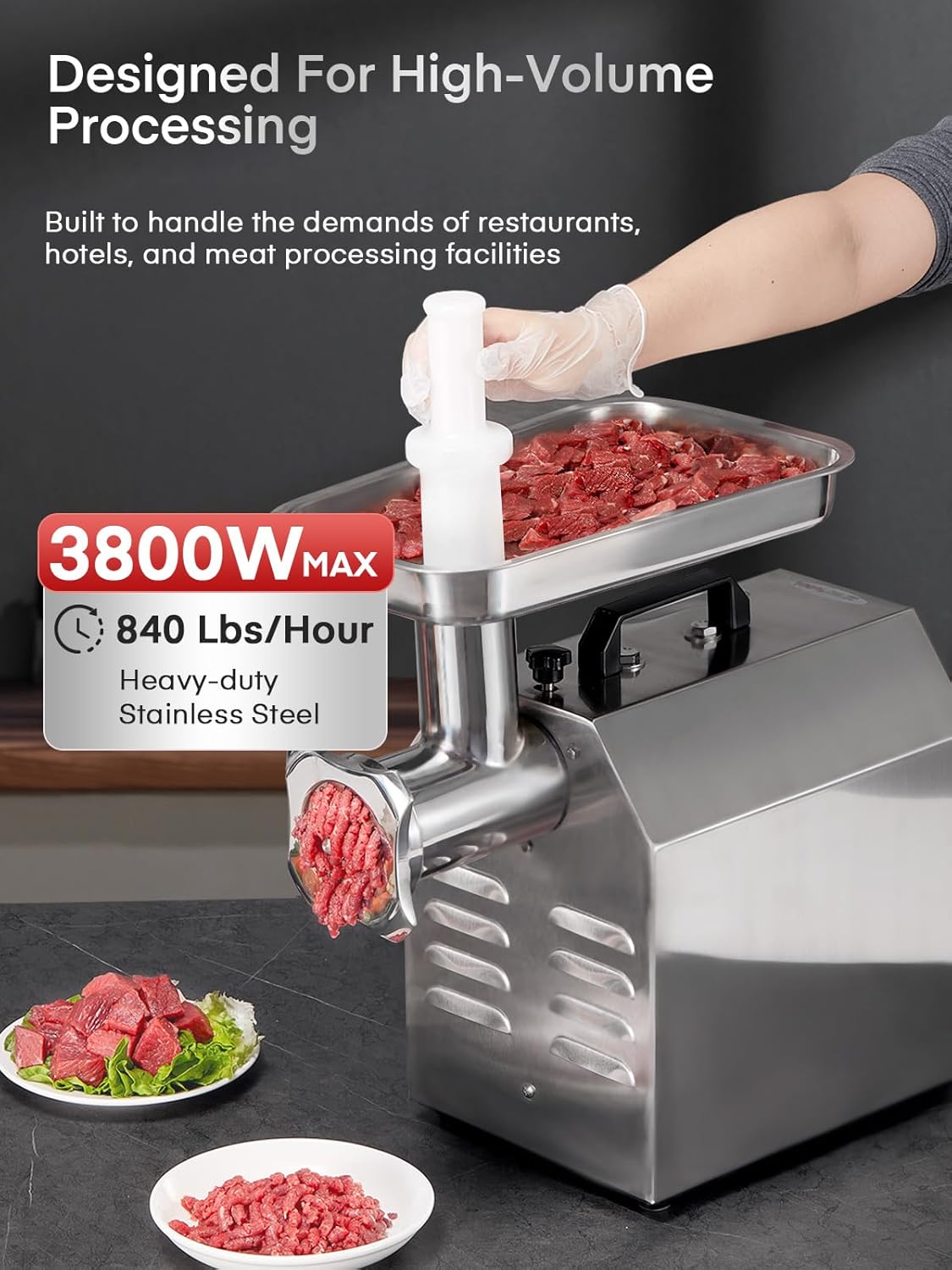 #12 Commercial Meat Grinder, 840 LB/H,1.2HP, Heavy Duty Industrial Meat Grinder, Sausage Stuffing Machine with 2 Stainless Steel Blade, 2 Grinding Plates, Sausage Kit (#12-840LB/H)