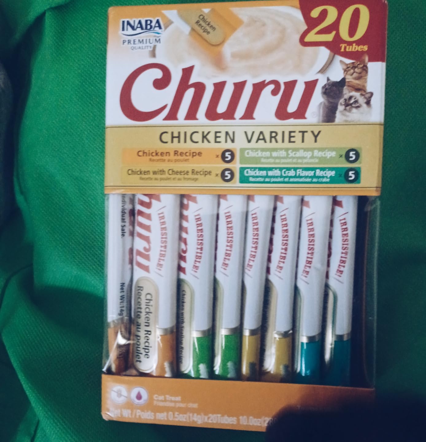 INABA Churu Cat Treats, Grain-Free, Lickable, Squeezable Creamy Purée Cat Treat/Topper with Vitamin E & Taurine, 0.5 Ounces Each Tube, 50 Tubes, Tuna & Chicken Variety photo review