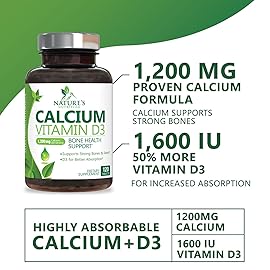 Calcium Supplement 1200 mg - with Vitamin D3 for Best Absorption - Supports Immune Health, Bones & Teeth - Nature\'s Calcium Carbonate + 1600 IU of D3 - Bottled in USA for Women & Men - 120 Tablets