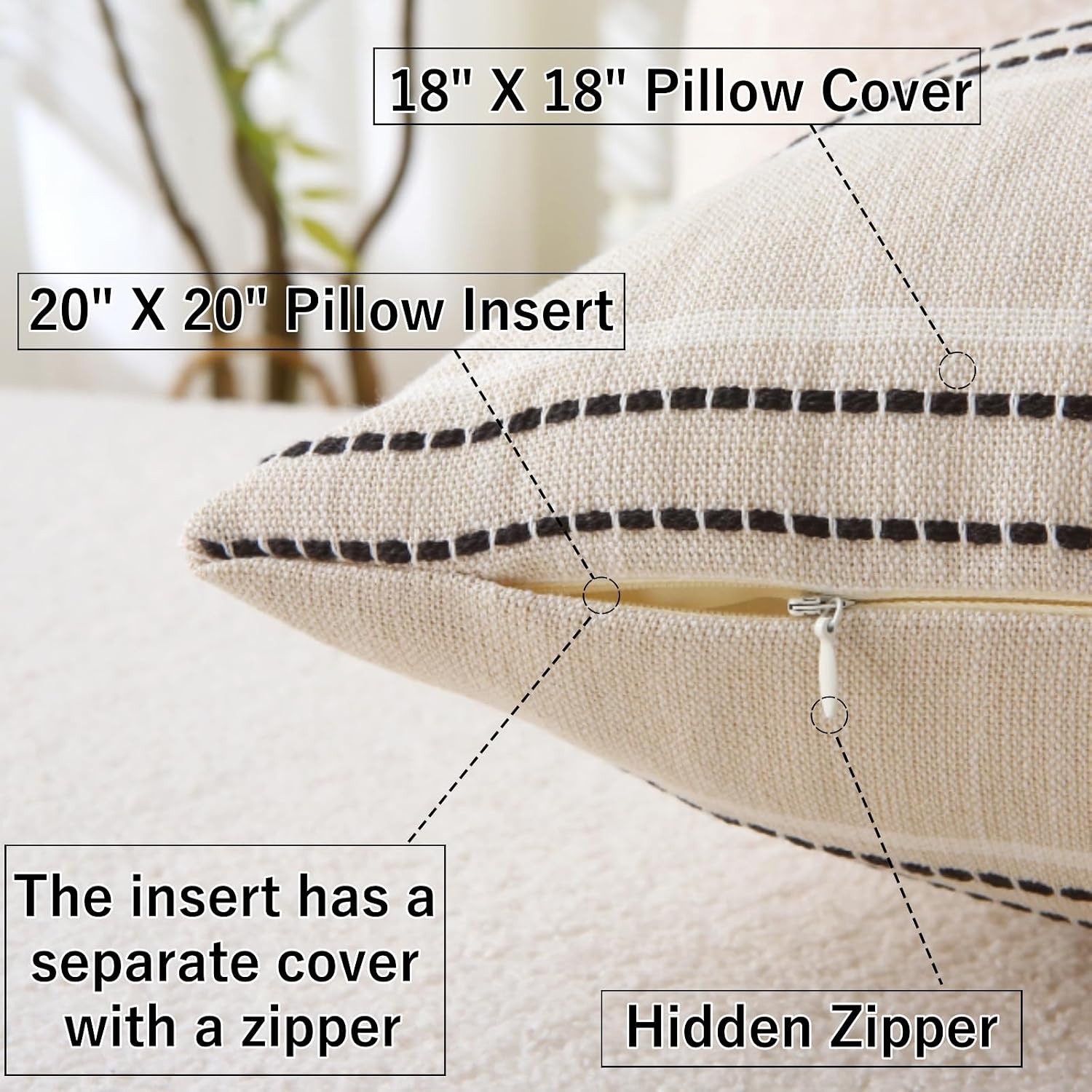 18" x 18" Decorative Throw Pillows with Inserts, 2 Pack Textured Linen Pillow, Farmhouse Decor Boho Cushion for Couch Bed Living Room (Black Dashed Line)