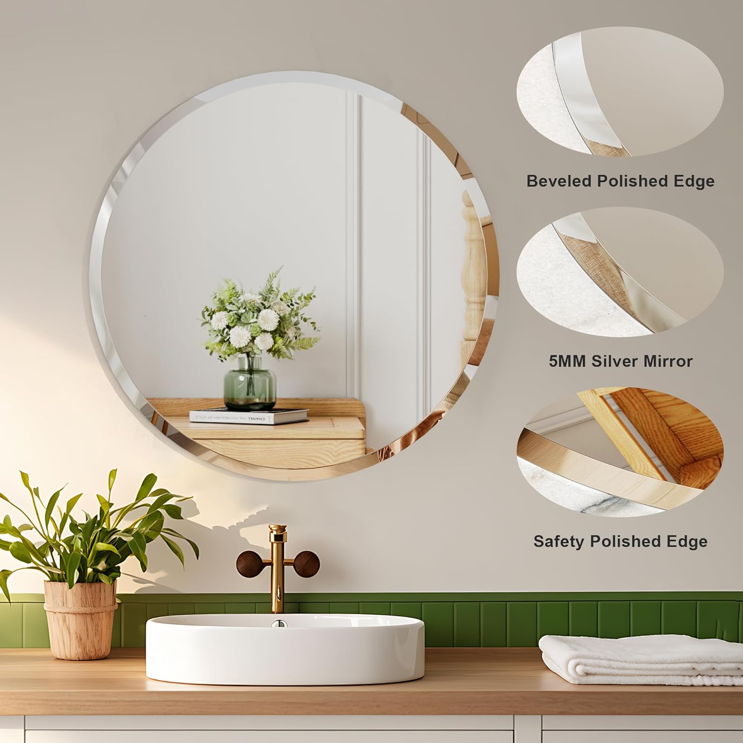 Round Bathroom Mirror, 18 inch Round Frameless Mirror,Frameless Bathroom Mirror, Suitable for Bathroom, Hall, Entry, Modern and Elegant Look (18inch) - Image 5