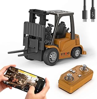 Mini RC Forklift, 1/64 Forklift Truck Toys Rechargeable, App & Remote Control, 2 in 1 Transformable Lift Fork & Hook, Mini RC Construction Vehicles Birthday Gifts for Adults Kids Age 6+