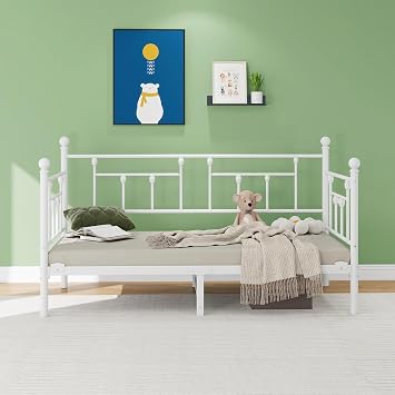 3ft Single Metal Daybed Frame, Premium Steel Slat Support Sofa Bed Frame Single Size, Strong Mattress Foundation, No Box Spring Needed, Easy Assembly, 90x190 cm White