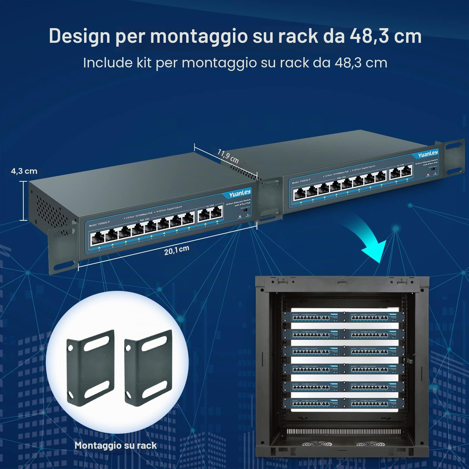 YuanLey 10 Port PoE Switch, 8 PoE+ Port 100Mbps, 2 Uplink Gigabit, 120W 802.3af/at, Funzione Estesa, Plug & Play Non Gestito Senza Ventola in Metallo