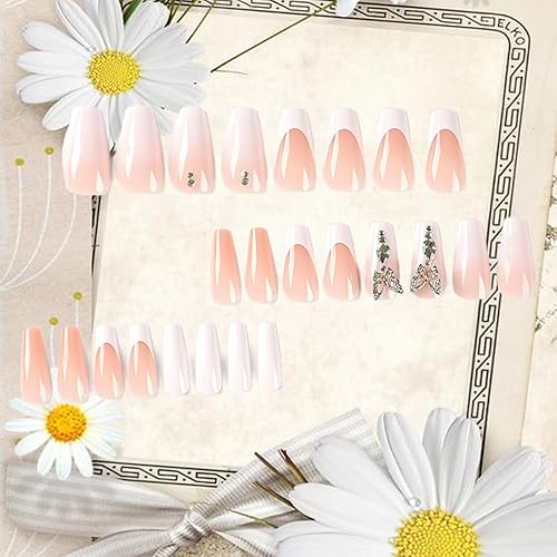 Miniatura 5 de 24 uñas postizas medianas largas a presión con puntas francesas blancas, uñas postizas de mariposa con diamantes de imitación, uñas postizas de