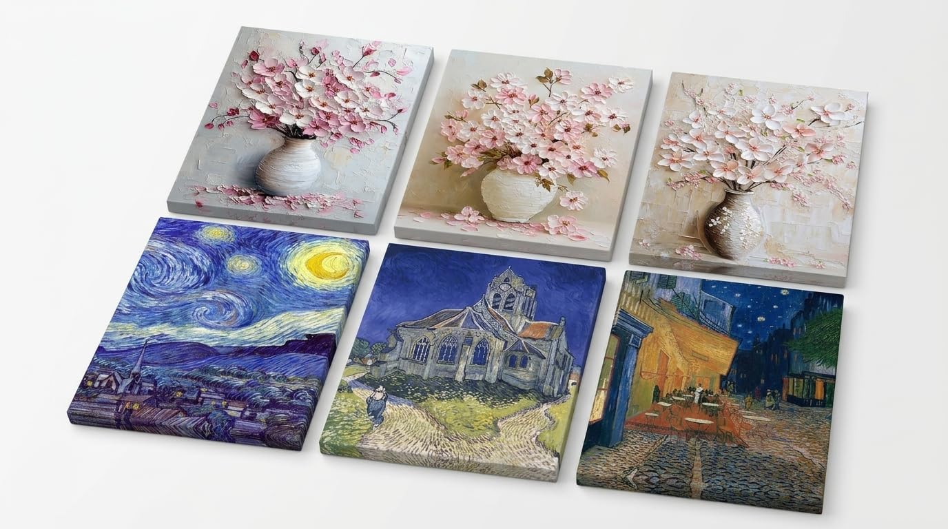 Piy Painting 6er Set Wandbilder Leinwand (30x40cm): Van Gogh Reproduktionen (Sternennacht) & Moderne Rosa Kirschblüten – 6-teilige Kunstdrucke Set für Wohnzimmer Schlafzimmer Flur, Geschenk-Set
