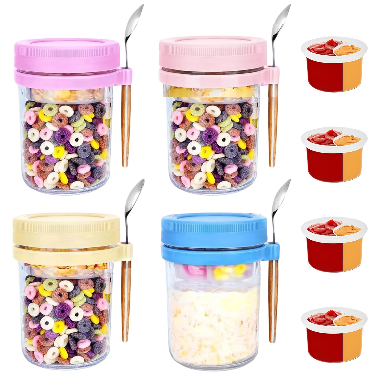 4 Pack Overnight Oats Jar - Overnight Oats Container with Lids and Spoons, 15oz/450ml Glass Breakfast Pots, Meal Prep Jar Yogurt Pot Porridge Container to Go for Oat, Pudding, Milk, Cereal Fruit Salad