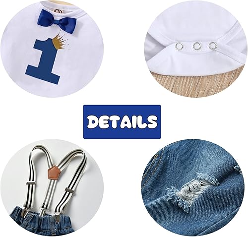 Miniatura 5 de Pinleck Conjunto de ropa de cumpleaños para bebé niño pequeño, con tirantes, pantalones de mezclilla rasgados