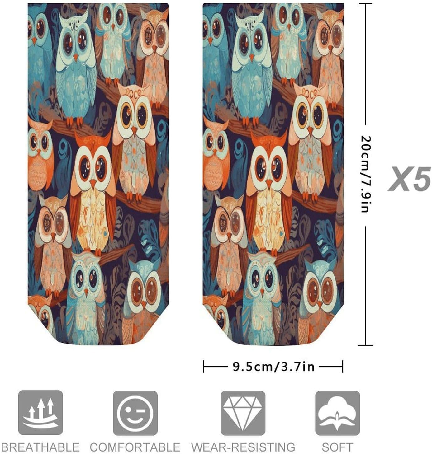 Socks for Men Women 5 Pairs Short Ankle Socks | Anime Owl Low Cut Casual Crew Sock Cute Breathable Athletic Socks Non Slip No Show Sock