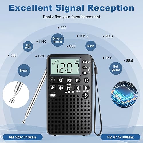 Miniatura 2 de Radio AMFM portátil de bolsillo a pilas Sintonización digital, altavoz, excelente recepción Radio portátil de emergencia y exterior con pantalla