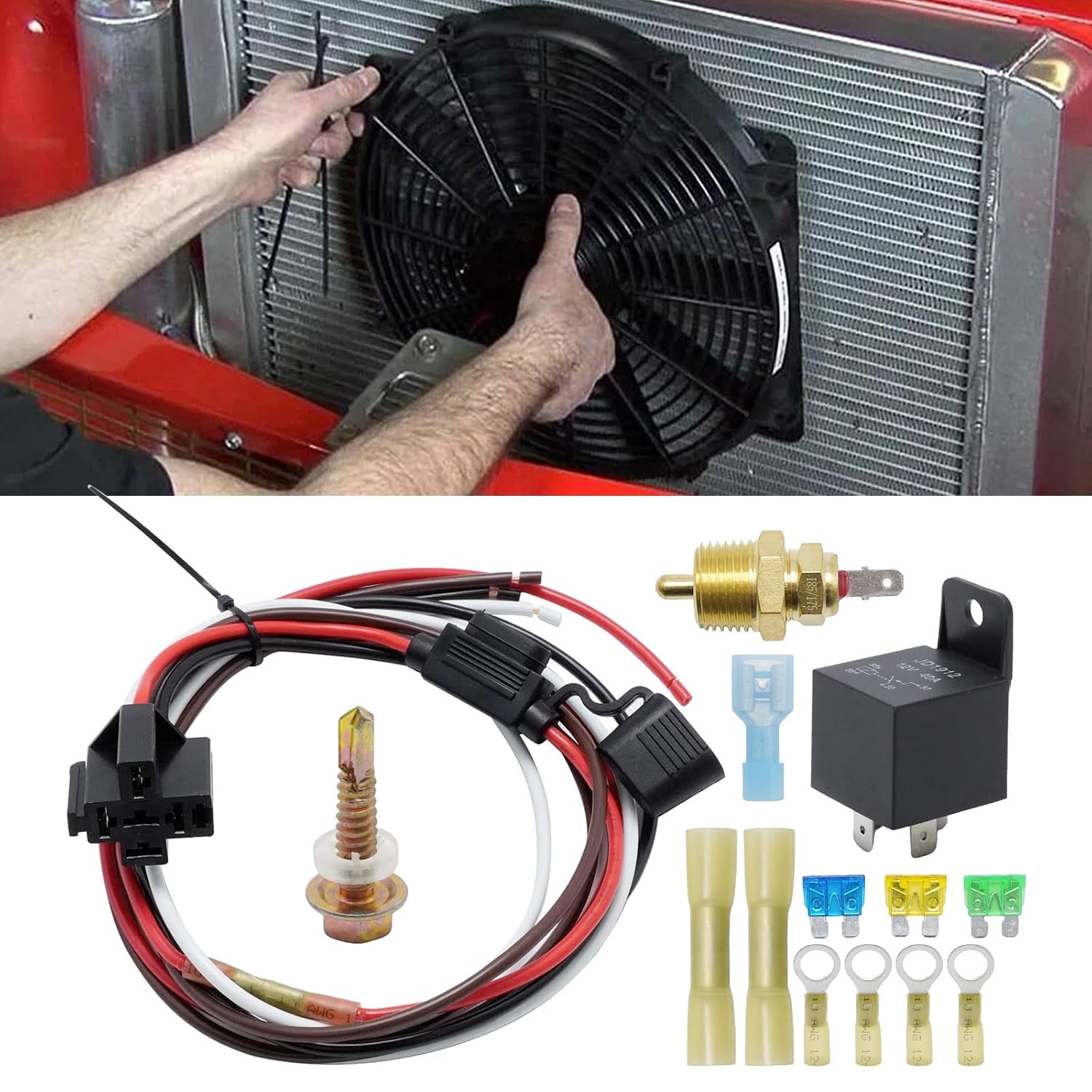 Electric Fan Relay Kit with Thermostat for 10/12/14/16 Inch Cooling Fans, 40A Waterproof Relay, Electric Fan Wiring Kit Includes Wiring Harness & Temperature Switch (185°F On/175°F Off)