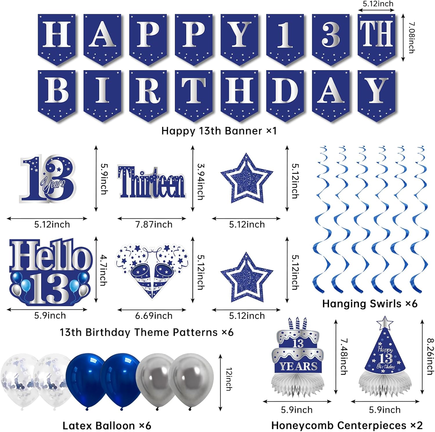 13th Birthday Decorations for Boys Girls, Blue Sliver Signature Book Happy 13th Birthday Banner Bruh I'm 13 Backdrop Table Honeycomb Centerpieces Cake Topper Balloons Hanging Swirls Party Supplies