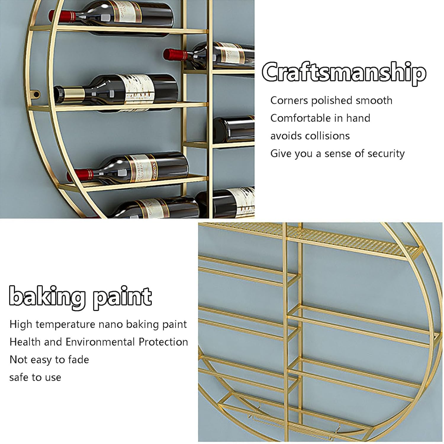 Modern Round Wall Mounted Wine Rack Metal Hanging Wine Glass Holder with Floating Bottle Organizer Stylish Wine Display Storage Rack for Bar Kitchen and Coffee Shop