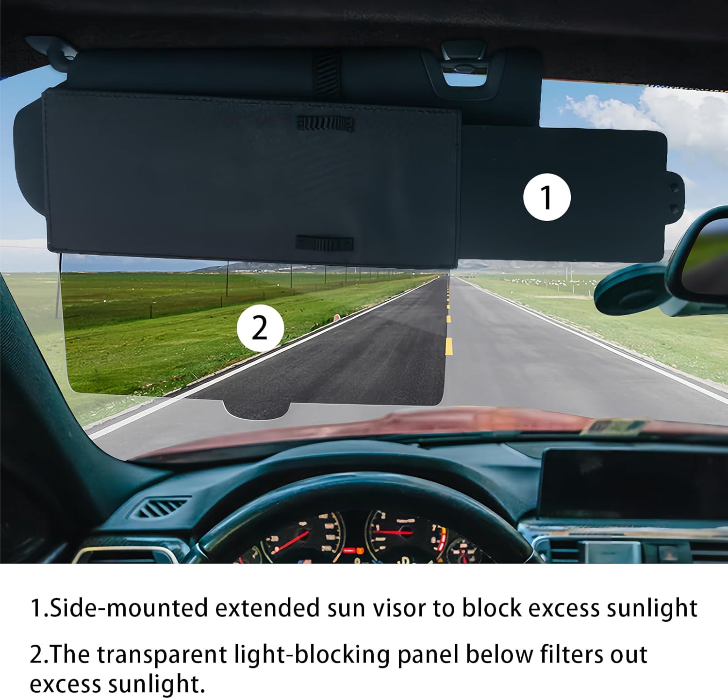 Sun Visor Extender for Car with 2 Side Sunshade, Polarized Car Sun Shade Extension Attachment with Anti-Glare Lens Blocks, Clips and Flexible Straps Design, Adjustable Sunshade Accessories