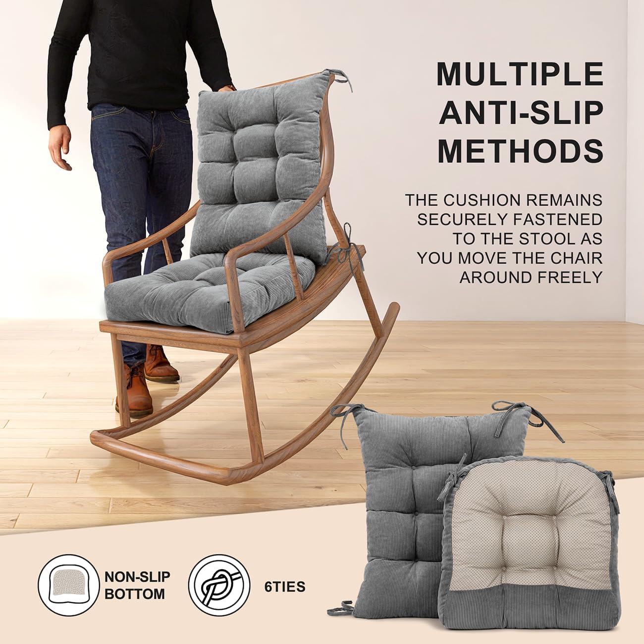 Lokex Rocking Chair Cushion Only,Tufted Non-Slip Comfortable Rocking Chair Cushions Indoor with Ties,Striped Rocking Chair Pads