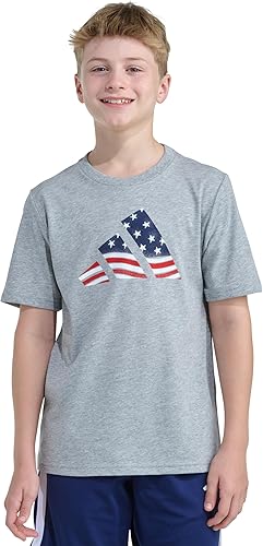 adidas Boys Short Sleeve Patriotic USA Flag Logo Tee, Medium Grey Heather, 4