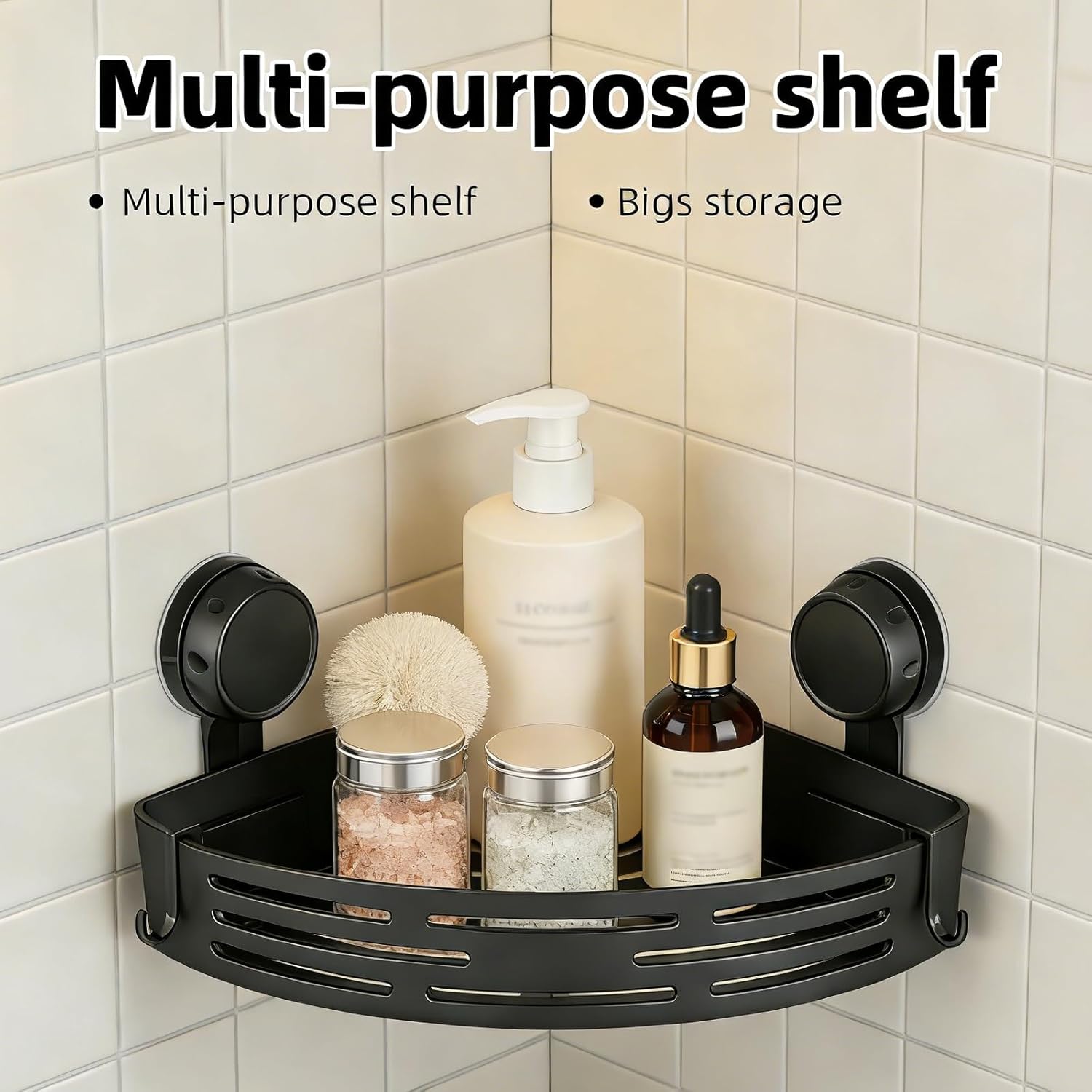 Corner Shower Caddy 3-Pack, No Drilling Adhesive Bathroom Shelf with Towel Bar & Hooks, Triangle Storage Organizer for Bathroom Kitchen RV, Fast Draining & Heavy Duty (Black)