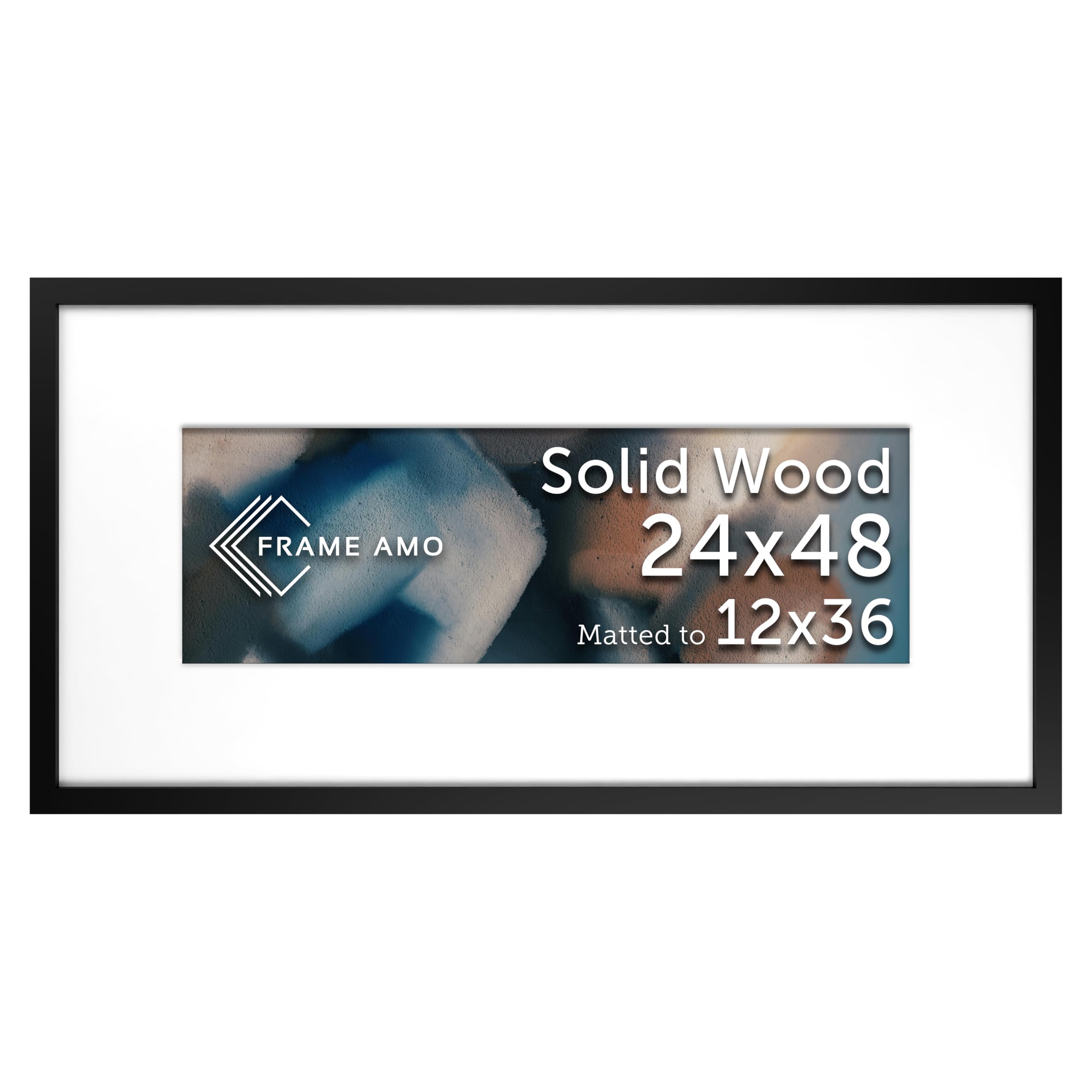 Frame Amo 24x48 Black Solid Wood Poster Frame, with 11.5x35.5 White Mat Opening for 12x36 Image, 1.25 x 1 inch Border, Clear Acrylic Front