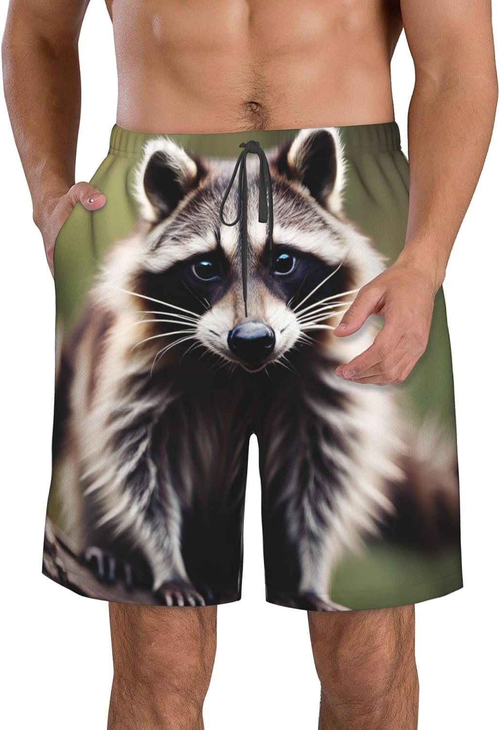 Mens Cute Raccoon Print Beach Shorts,Casual Summer Shorts for Men,Quick Dry Polyester