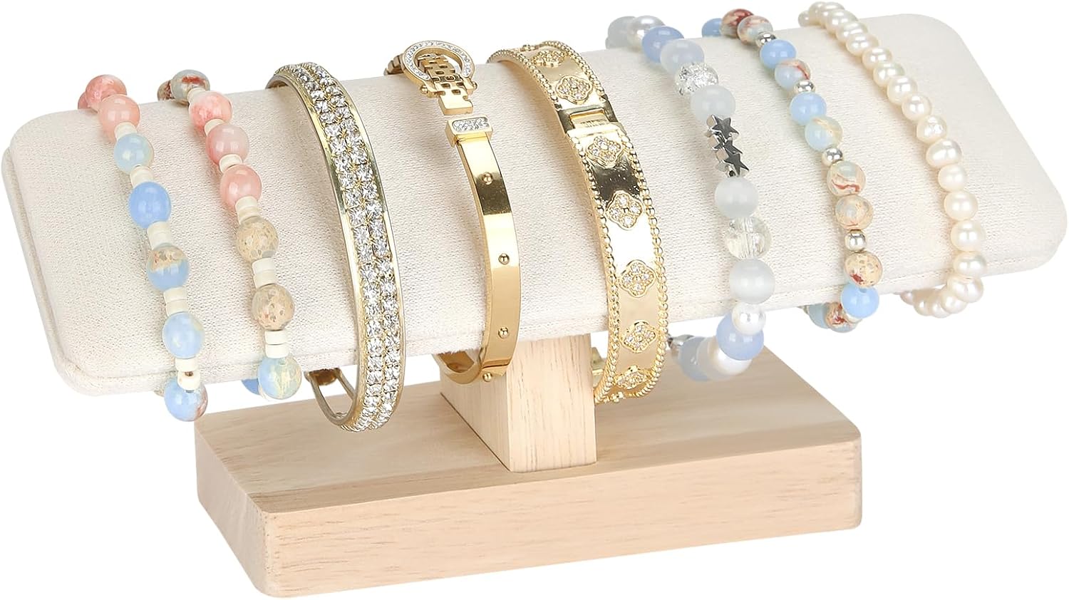 KUKUVR Wooden Bracelet Display Stand, Wooden Velvet T-bar (Beige) | Jewelry Watch Holder Organizer Tower, for Bangle Pendants Anklet Scrunchie Headband, Home & Retail Show