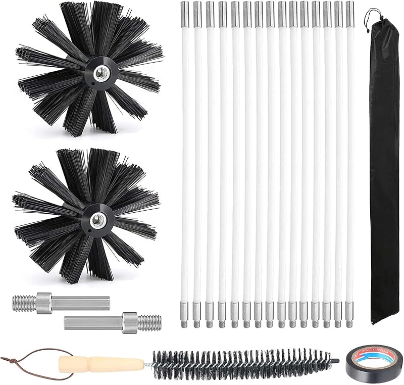 Cepillo De Chimenea Kit, Cepillo Limpieza Chimenea con 15 Varillas 2 Cabezales Cepillo Kit Deshollinador,Diámetro 200 mm,para Chimenea Secadora alcantarillado Campana de Humos