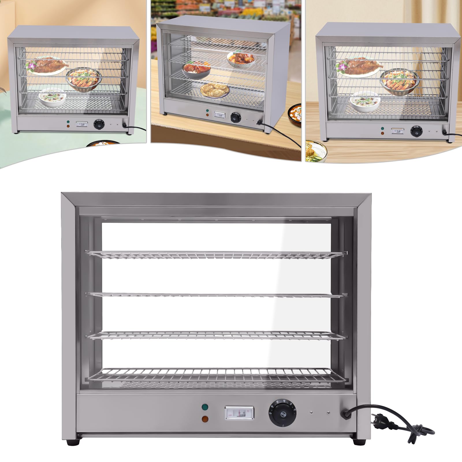 220 V, 30 – 85 °C, 4 pisos, vitrina para mantener el calor, calentador de alimentos, vitrina para mantener caliente, vitrina de encimera, vitrina eléctrica, ideal para comida, gasolinera, tienda de