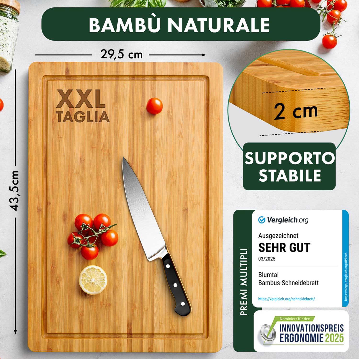 Blumtal Tagliere da Cucina Professionale - Tagliere Legno Grande - Scanalatura Anti-Gocciolamento - Tagliere in Legno Bamboo Antibatterico - 43,5x29,5 cm - Grande