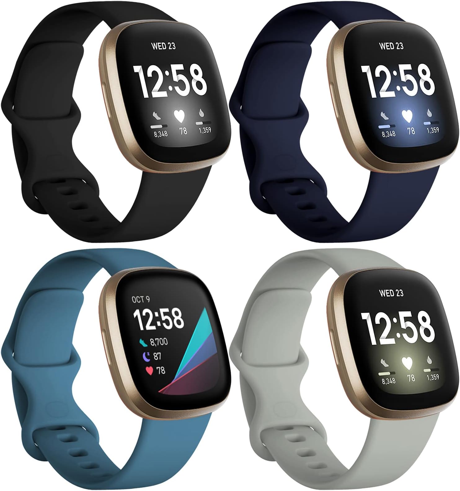 DirreloDirrelo Bands Compatible for Fitbit Versa 3 & Sense, (4-Pack) Replacement TPU Sport Wristbands Accessories Strap for Versa 3 Sense Band Women Men, Small ( Black Dark blue Indigo Gray )