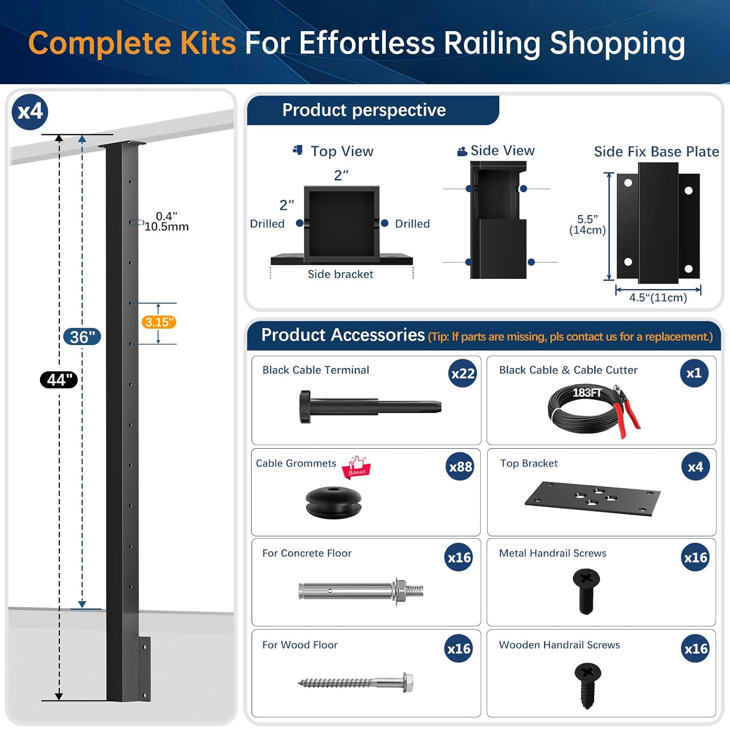 side mount cable railing post kit for 36" railing system (post body 44"), 4 pack black side mount level railing post kit, space-saving fascia mount rail post for indoor outdoor deck diy length 36" 4x level post kit 1