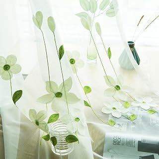 レースカーテン花刺繍姫系出窓用半透明カーテンUVカット遮熱おしゃれ北欧可愛い軽い質感ベッドルーム用洗濯可フック・タッセル付き2倍固定ひだ(幅100cmx丈183cm[1枚入])